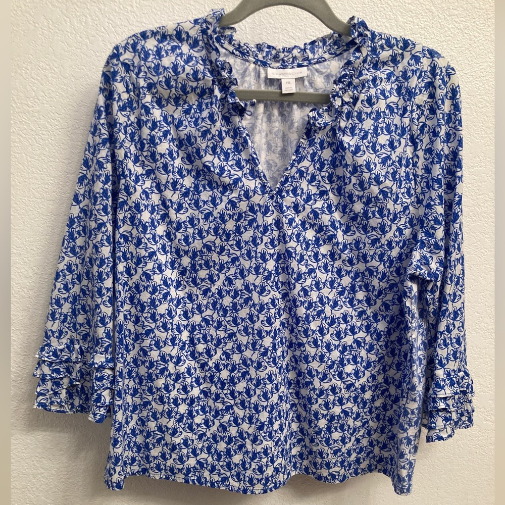 Charter Club Ruffle Mock V Neck Bell Sleeve Floral Top
